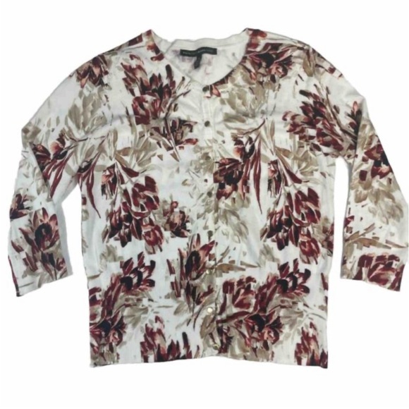 WHBM LADIES WHITE CARDIGAN WITH PERSIAN PLUM & TAN FLOWERS XS 3/4 sleeves - Picture 1 of 5